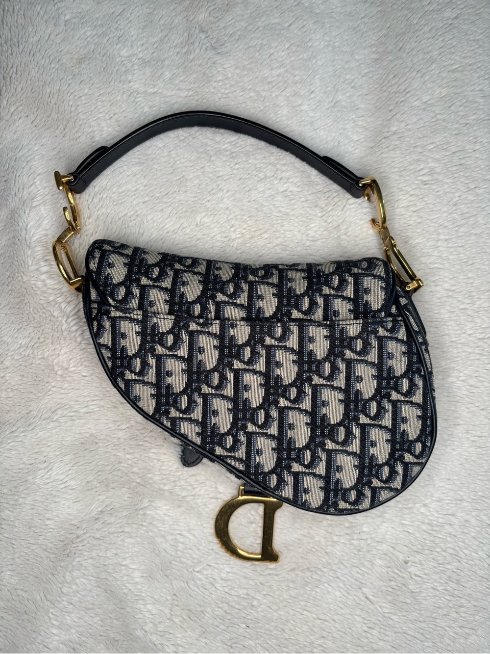 Christian Dior Vintage Oblique Saddle Bag Navy Trotter Monogram Gold Hardware - Picture 5 of 16